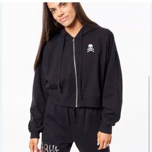 Soulcycle Black Crop Full Zip Up Skull Hoodie Size small